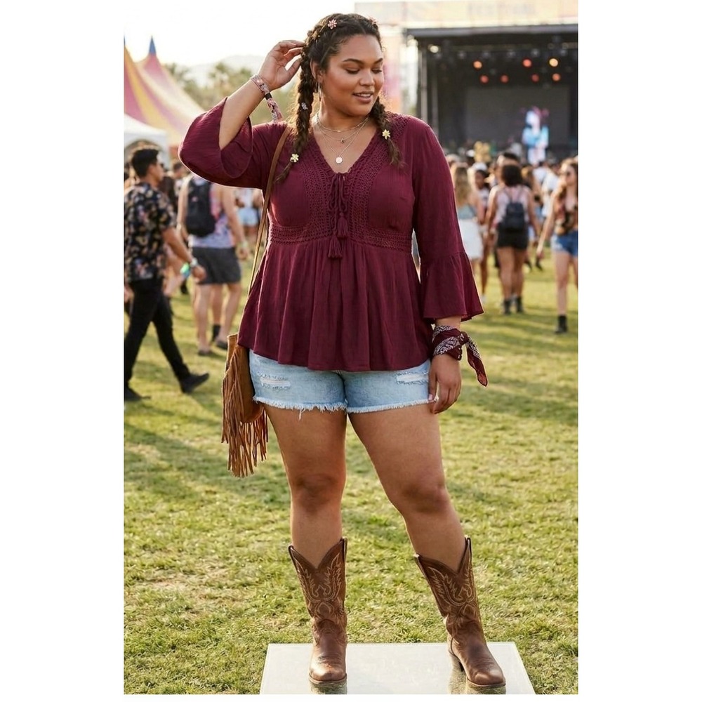 Torrid Blouse Sz 12 Burgundy Boho Lace Crochet Bell Sleeve Peasant Top